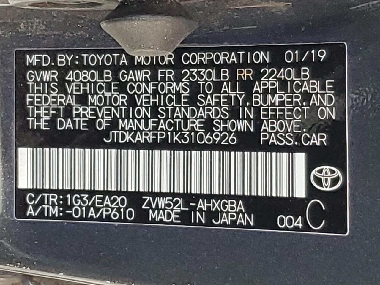 TOYOTA PRIUS 2019 VIN JTDKARFP1K3106926 фото 12