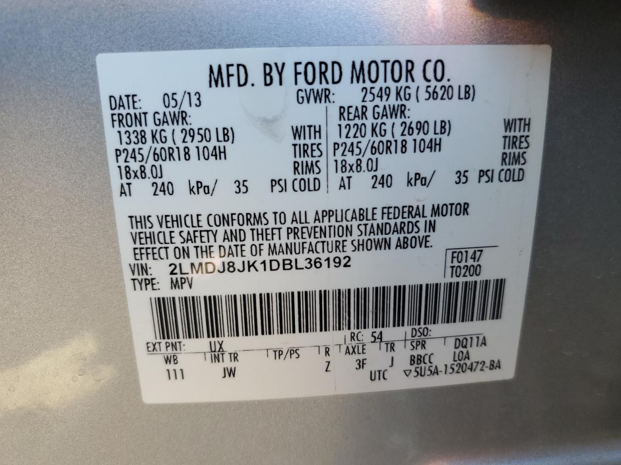 LINCOLN MKX 2013 VIN 2LMDJ8JK1DBL36192 фото 13