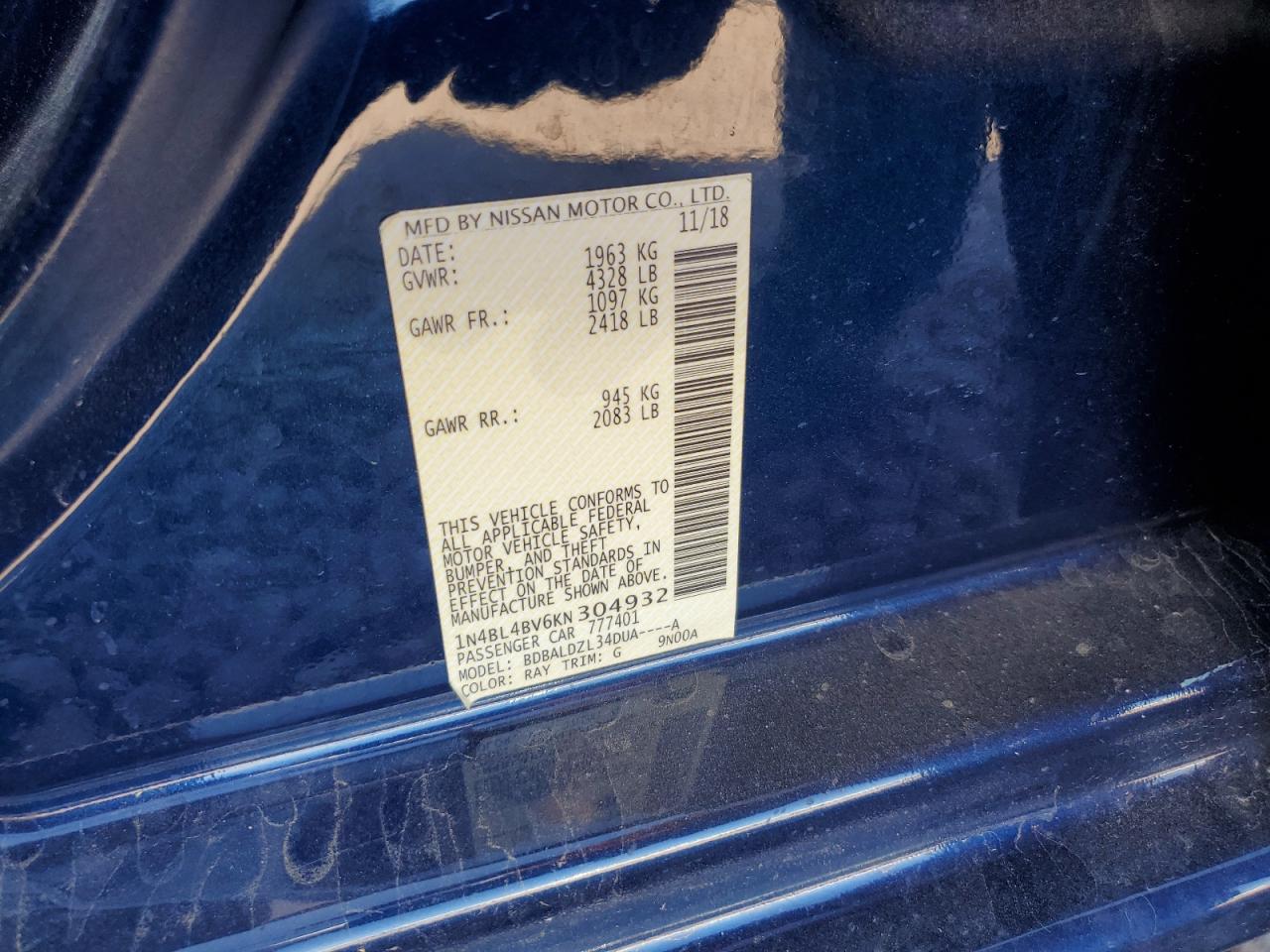 NISSAN ALTIMA 2019 VIN 1N4BL4BV6KN304932 фото 12
