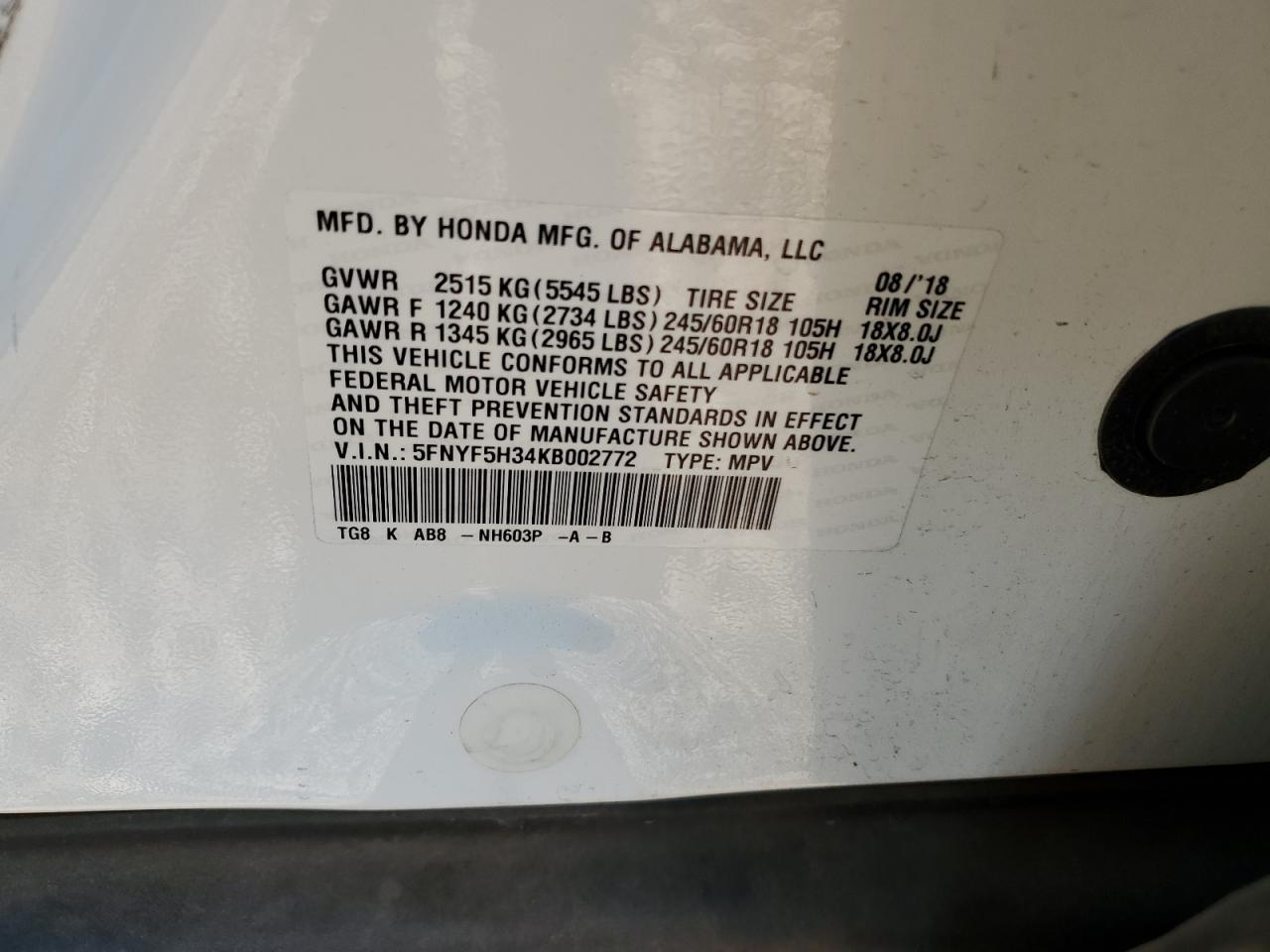 HONDA PILOT 2019 VIN 5FNYF5H34KB002772 фото 14