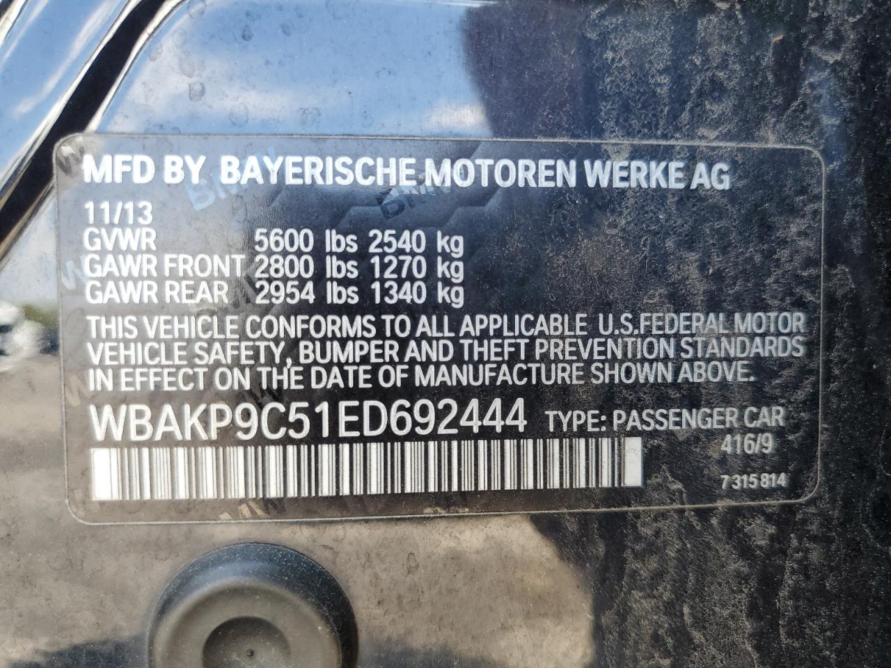 BMW 5 SERIES 2014 VIN WBAKP9C51ED692444 фото 12