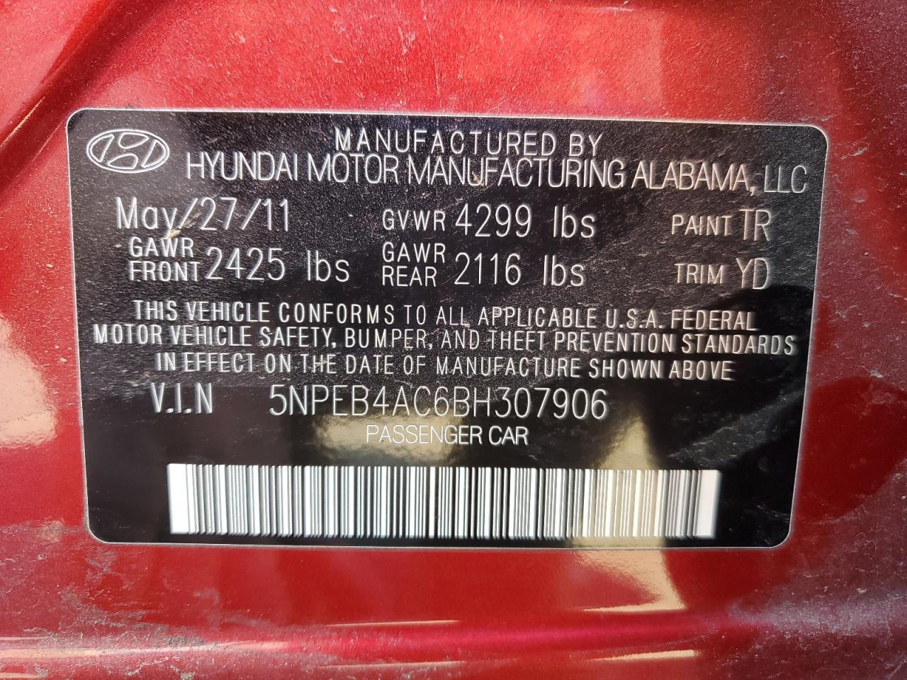 HYUNDAI SONATA 2011 VIN 5NPEB4AC6BH307906 фото 13