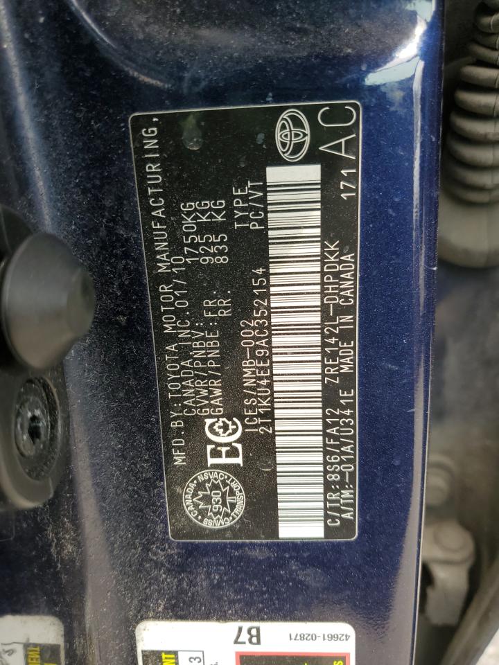 TOYOTA COROLLA 2010 VIN 2T1KU4EE9AC352154 фото 12