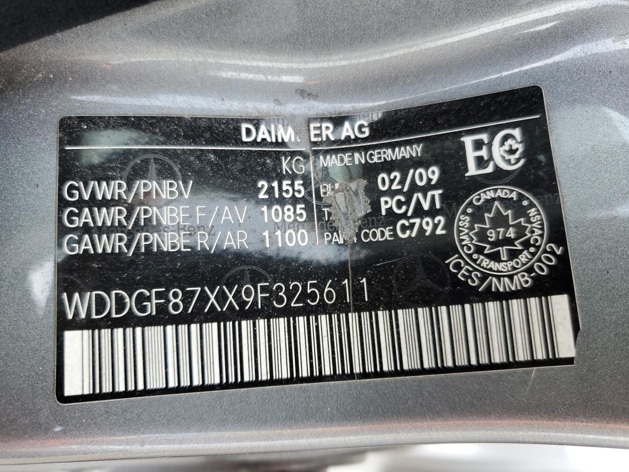 MERCEDES-BENZ C-CLASS 2009 VIN WDDGF87XX9F325611 фото 13