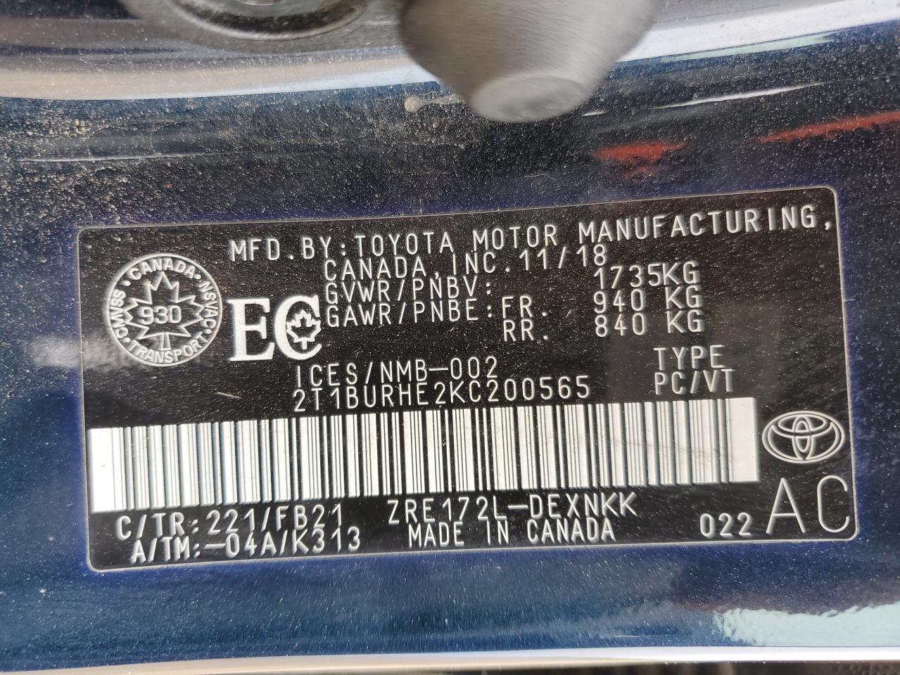 TOYOTA COROLLA 2019 VIN 2T1BURHE2KC200565 фото 13