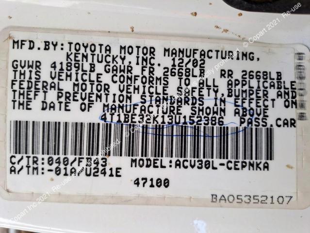 TOYOTA CAMRY 2003 VIN 4T1BE32K13U152386 фото 11