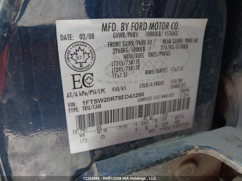 FORD F-250 2008 VIN 1FTSW20R78ED43288 фото 9
