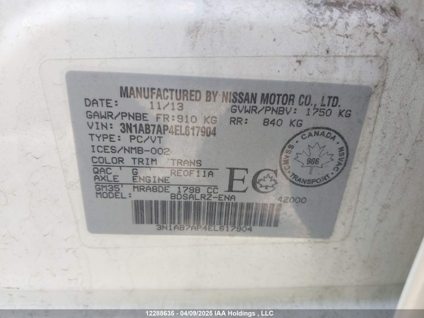 NISSAN SENTRA 2014 VIN 3N1AB7AP4EL617904 фото 9