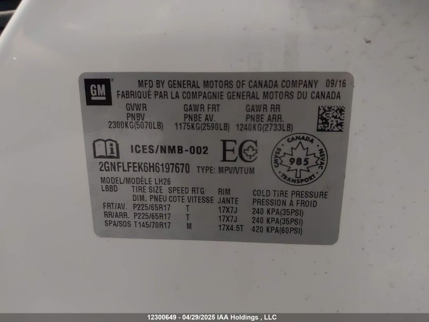CHEVROLET EQUINOX 2017 VIN 2GNFLFEK6H6197670 фото 9
