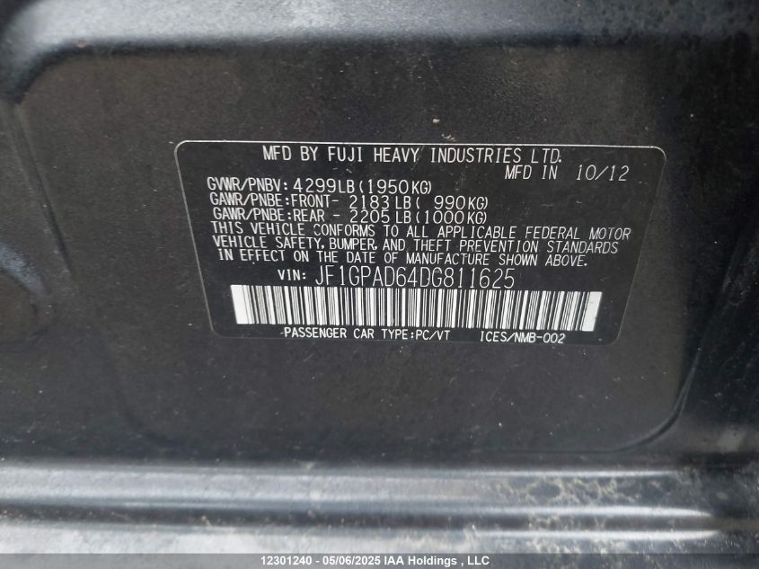 SUBARU IMPREZA 2013 VIN JF1GPAD64DG811625 фото 9