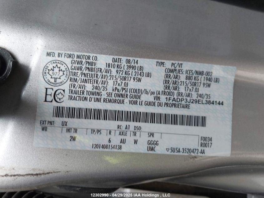 FORD FOCUS 2014 VIN 1FADP3J29EL384144 фото 9