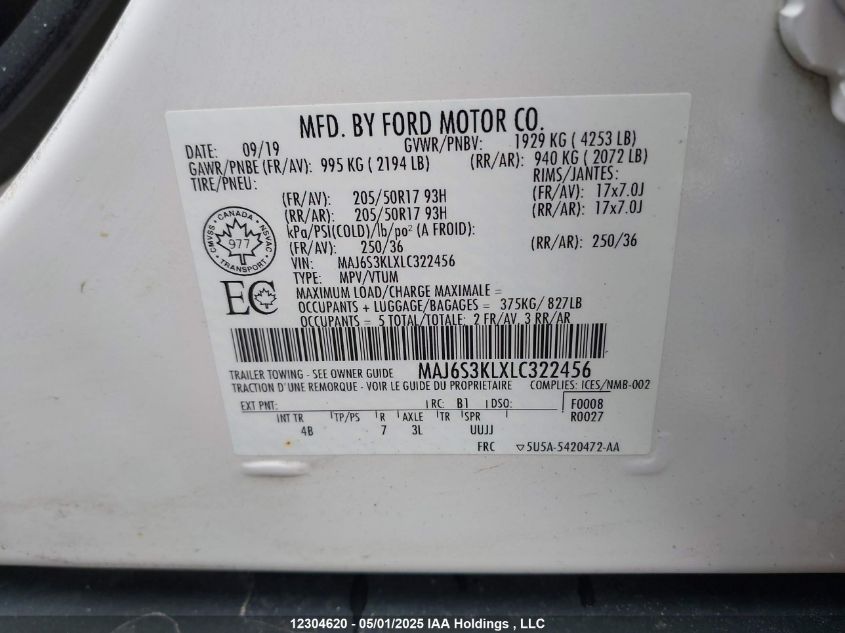 FORD ECOSPORT 2020 VIN MAJ6S3KLXLC322456 фото 9