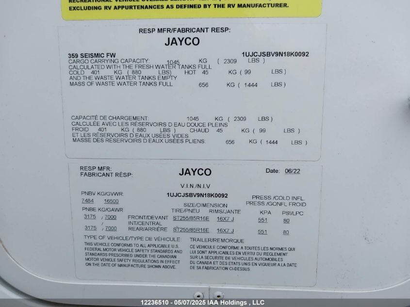 JAYCO JAYCO 2022 VIN 1UJCJSBV9N18K0092 фото 9