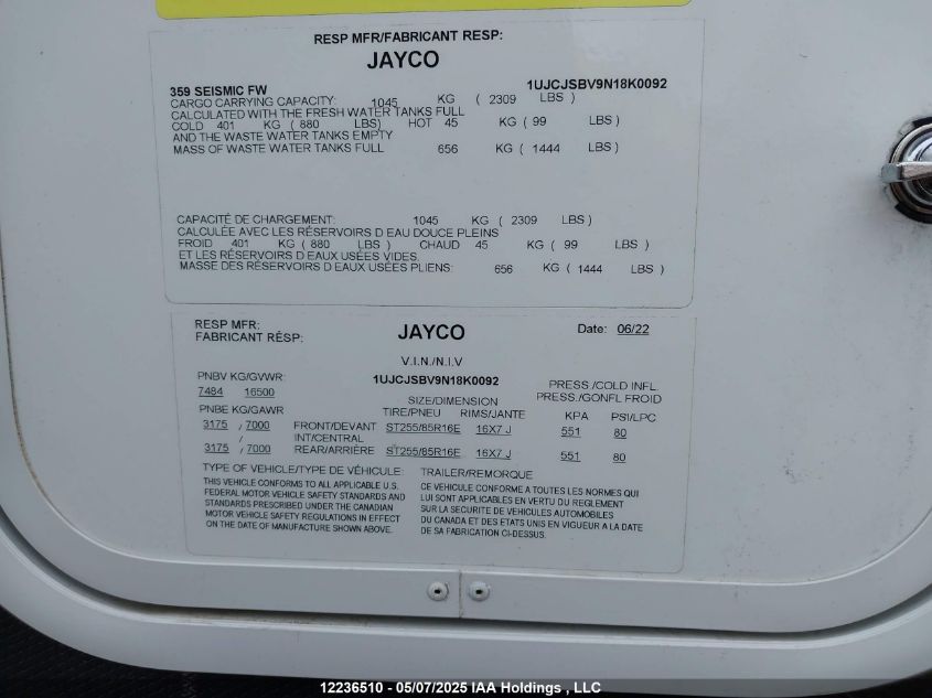 JAYCO JAYCO 2022 VIN 1UJCJSBV9N18K0092 фото 13