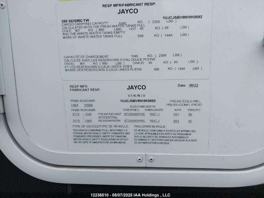 JAYCO JAYCO 2022 VIN 1UJCJSBV9N18K0092 фото 14
