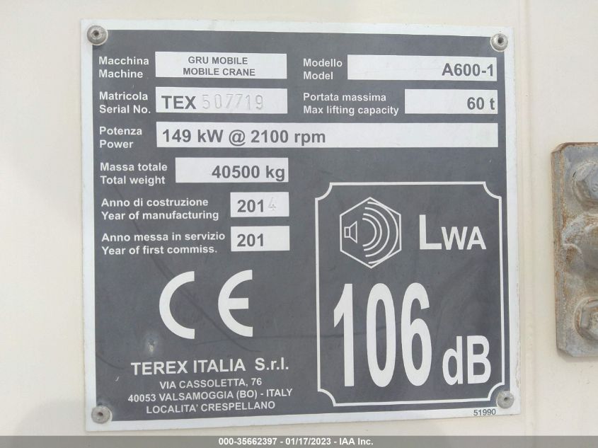TEREX 60T ROUGH TERRAI 2016 VIN TEX507719         фото 9