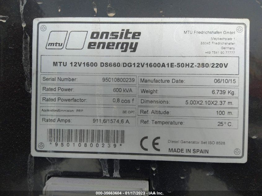 MTU DS560 2015 VIN MTUDS560500KVA фото 9