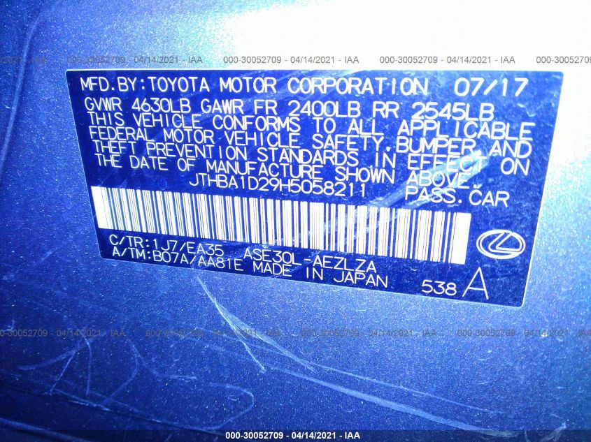 LEXUS IS 2017 VIN JTHBA1D29H5058211 фото 9