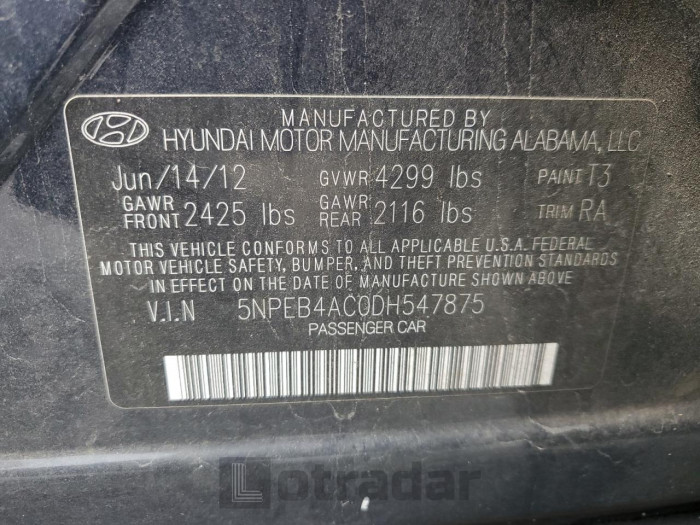 Hyundai Sonata 2013 VIN 5NPEB4AC0DH547875