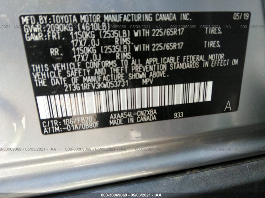 TOYOTA RAV4 2019 VIN 2T3G1RFV3KW053731 фото 9