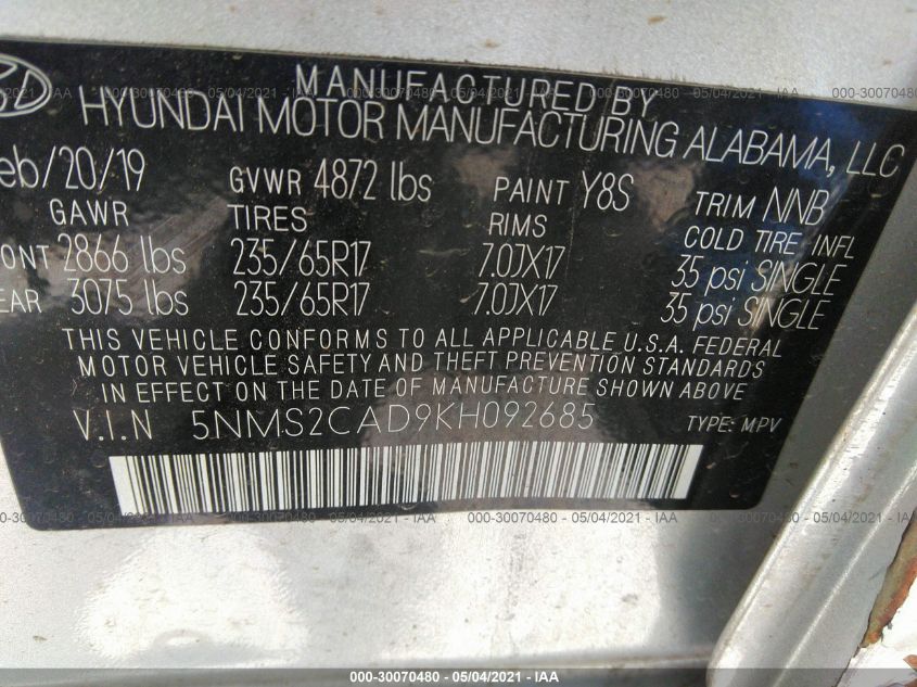 HYUNDAI SANTA FE 2019 VIN 5NMS2CAD9KH092685 фото 19