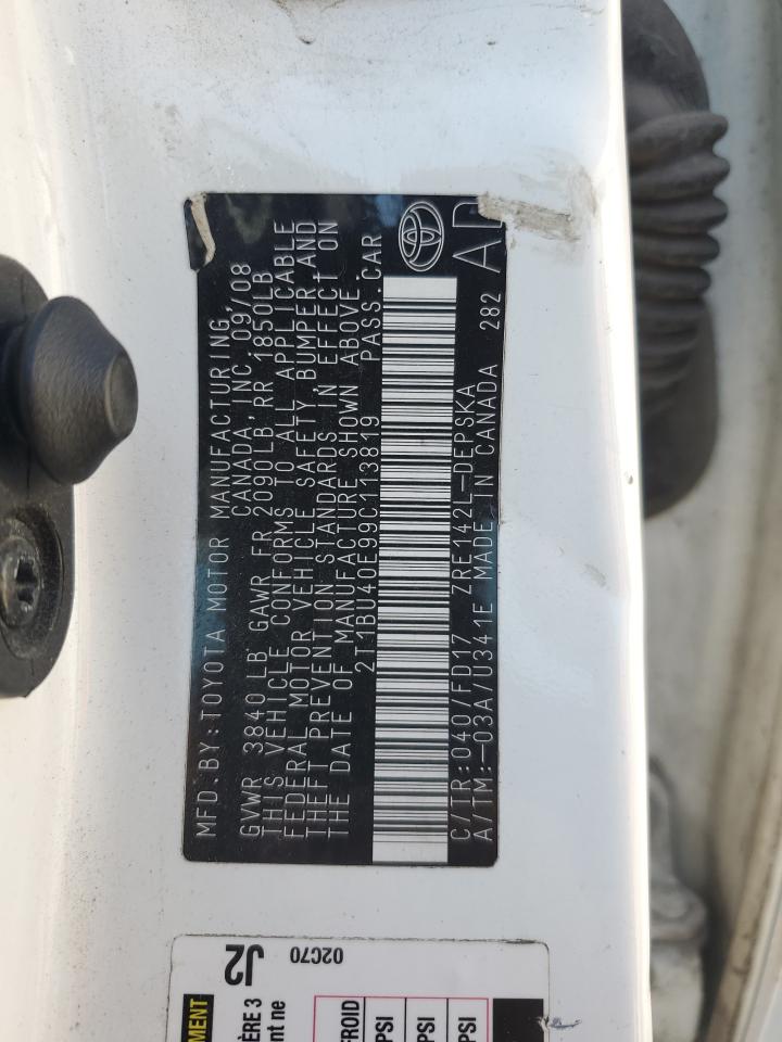 TOYOTA COROLLA 2009 VIN 2T1BU40E99C113819 фото 13