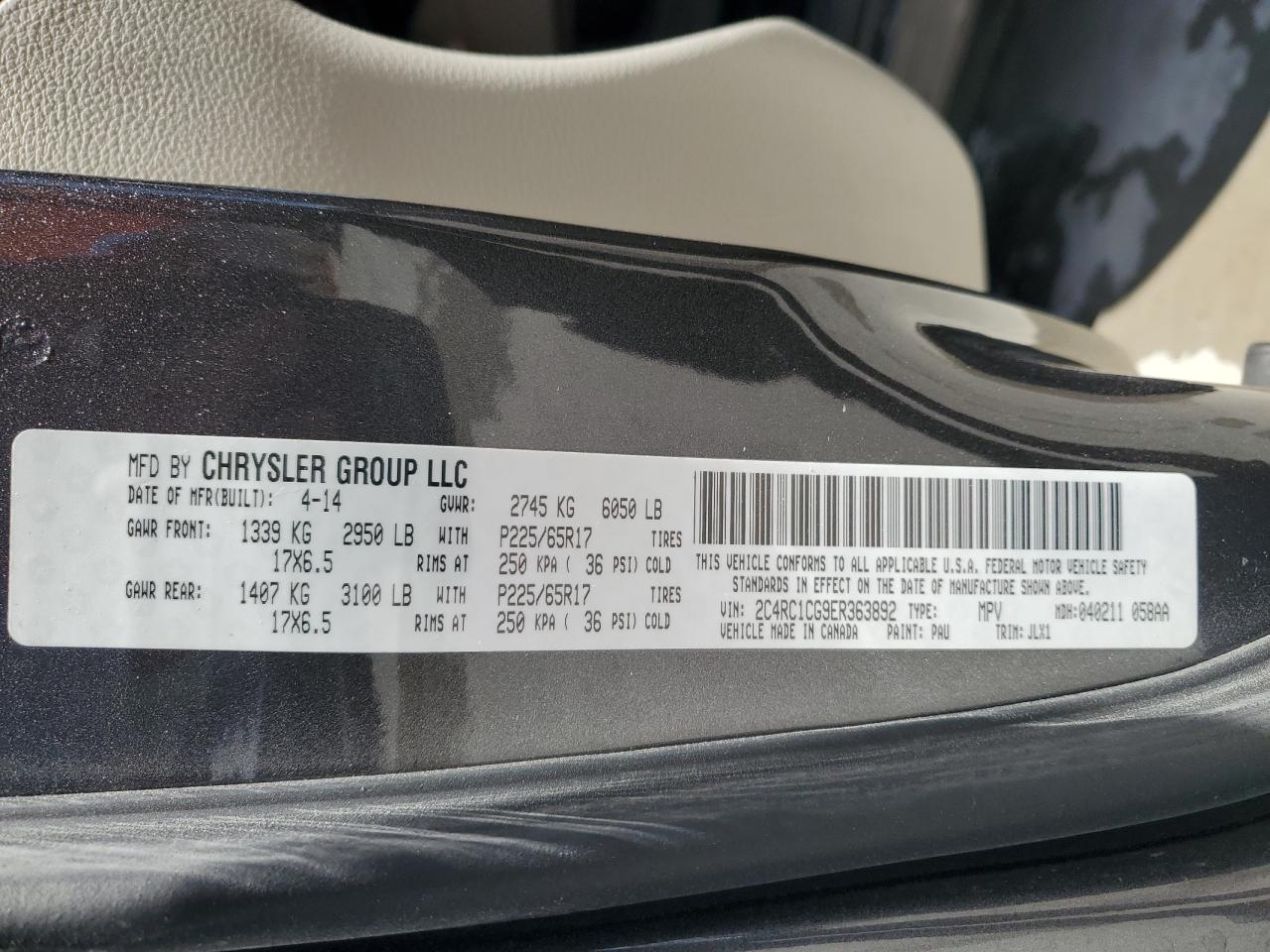 CHRYSLER MINIVAN 2014 VIN 2C4RC1CG9ER363892 фото 14