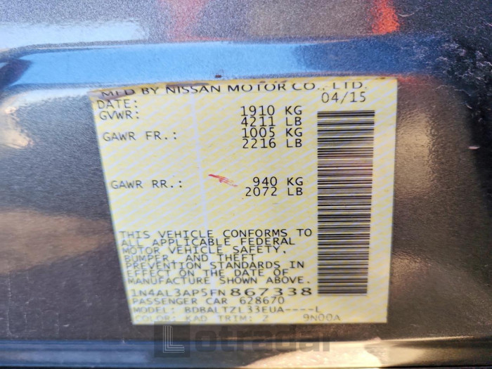 Nissan Altima 2015 VIN 1N4AL3AP5FN867338