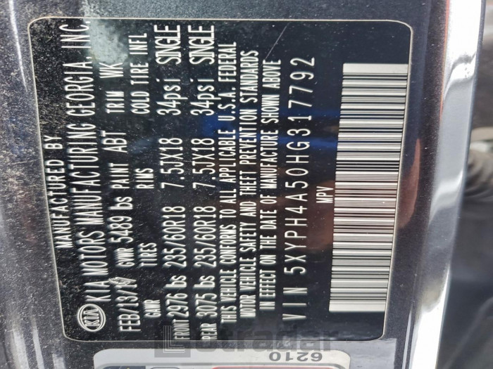 Kia Sorento 2017 VIN 5XYPH4A50HG317792