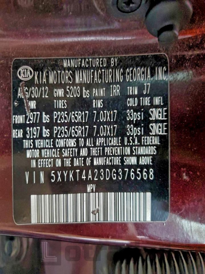 Kia Sorento 2013 VIN 5XYKT4A23DG376568
