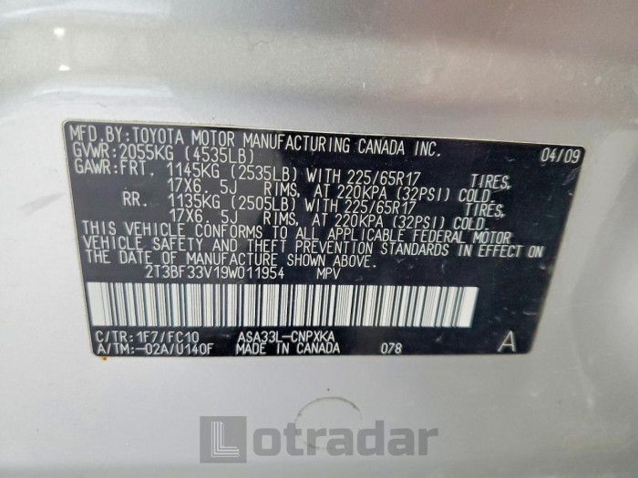 Toyota Rav4 2009 VIN 2T3BF33V19W011954