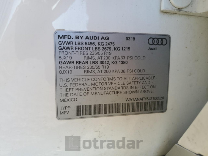 Audi Q5 2018 VIN WA1ANAFY5J2150520