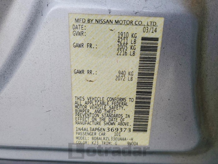 Nissan Altima 2014 VIN 1N4AL3AP6EN369373