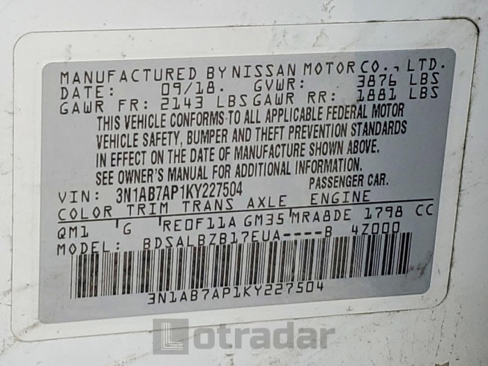 Nissan Sentra 2019 VIN 3N1AB7AP1KY227504
