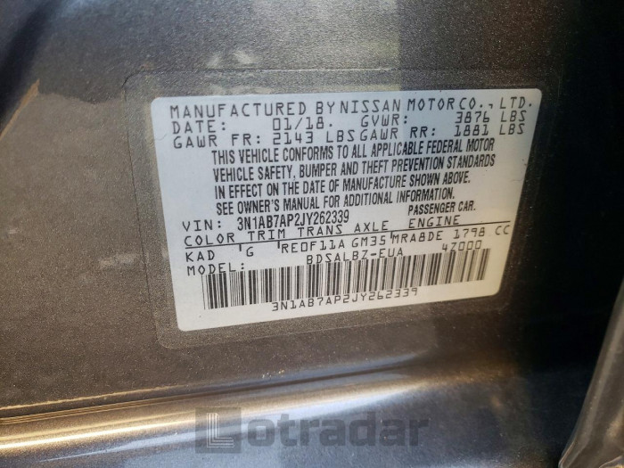 Nissan Sentra 2018 VIN 3N1AB7AP2JY262339