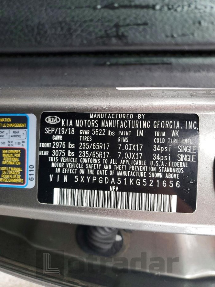 Kia Sorento 2019 VIN 5XYPGDA51KG521656