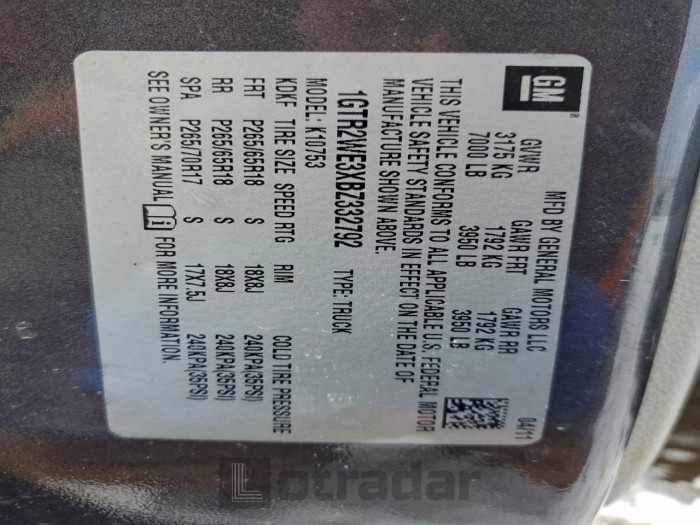 Gmc SIERRA 2011 VIN 1GTR2WE3XBZ332792