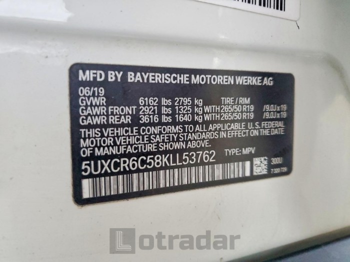 BMW X5 2019 VIN 5UXCR6C58KLL53762