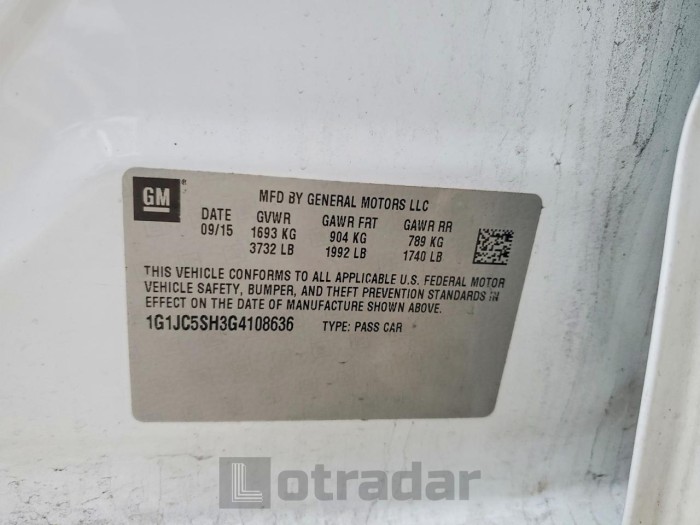 Chevrolet SONIC 2016 VIN 1G1JC5SH3G4108636