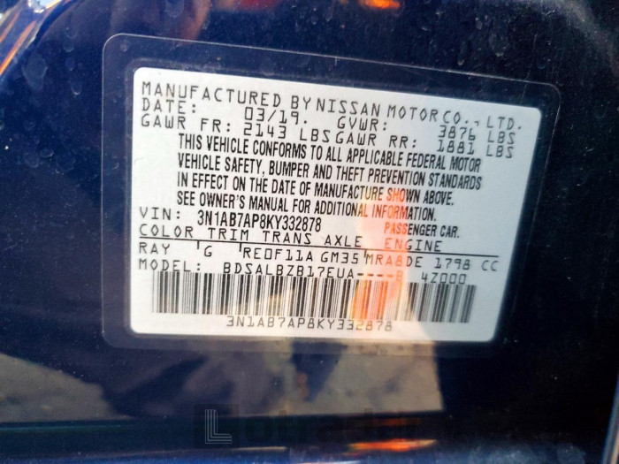 Nissan Sentra 2019 VIN 3N1AB7AP8KY332878