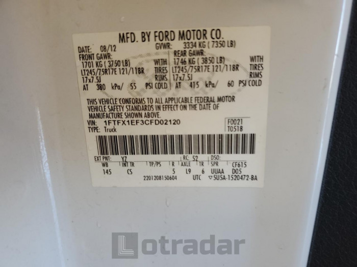 Ford F-150 2012 VIN 1FTFX1EF3CFD02120