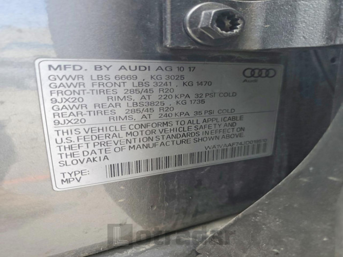 Audi Q7 2018 VIN WA1VAAF74JD019510