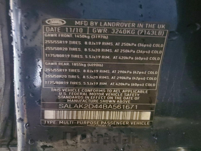 Land rover Lr4 2011 VIN SALAK2D44BA561671