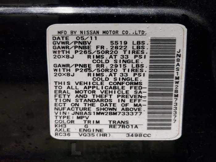 Infiniti Fx35 2011 VIN JN8AS1MW2BM733377