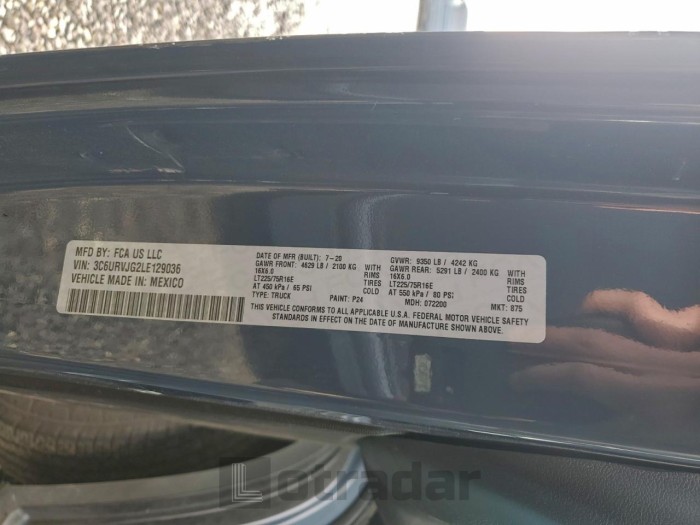 Ram All models 2020 VIN 3C6URVJG2LE129036