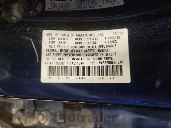 Honda Accord 2015 VIN 1HGCR2F71FA051644