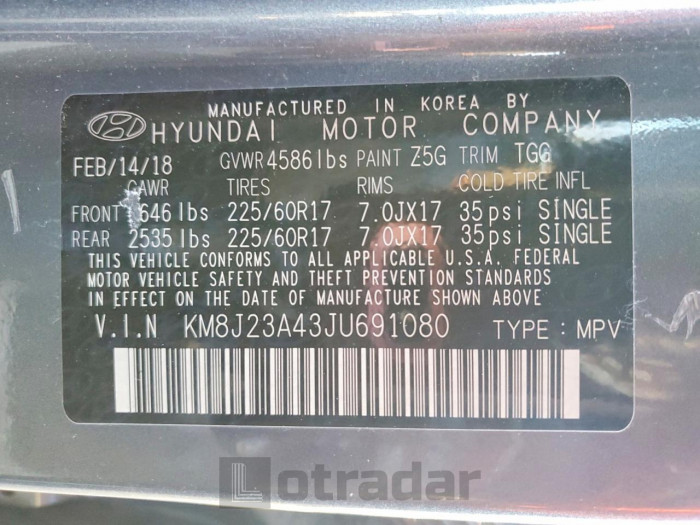 Hyundai Tucson 2018 VIN KM8J23A43JU691080