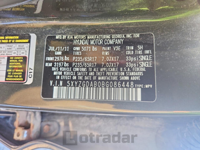 Hyundai Santa fe 2011 VIN 5XYZGDAB0BG086448