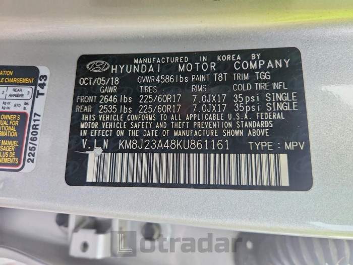 Hyundai Tucson 2019 VIN KM8J23A48KU861161