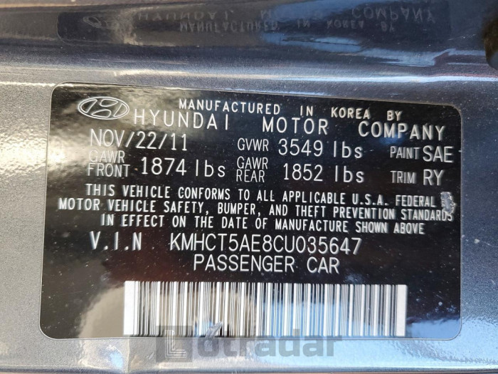 Hyundai Accent 2012 VIN KMHCT5AE8CU035647
